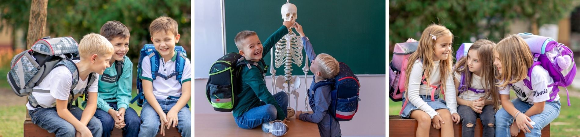 Drei Szenen zeigen Schulkinder mit Schulranzen im Austausch und im Klassenraum.